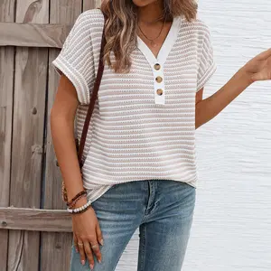 Womens Summer T-Shirts Khaki Stripe Buttoned Front V Neck Knitted T Shirt Casual T-shirt  Shortsleeve Womenswear Tops
