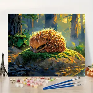 1Pcs Hedgehog Sleeping on Mossy Stone in Sunny Forest Acrylic Paint by Numbers 16x20in Unframed Beginner DIY Forest Healing Style Decor for Kids' Room Ideal Gift for Nature Lovers & Children's Day