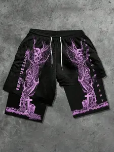 Unisex Gothic Style Mesh Basketball Shorts With Japanese Skeleton Print, Breathable Streetwear for Skateboarding And Summer Outfits