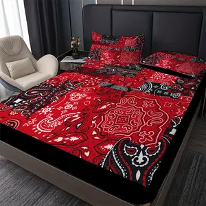 A Set of 2/3 Pieces 100% Polyester Bed Sheet Set, Red Paisley Style Fashion Geometric Stripe Print, Bedroom Bedding, Bed Sheet Pillowcase Combination (1 Bed Sheet + 1/2 Pillowcases, Core Not Included)