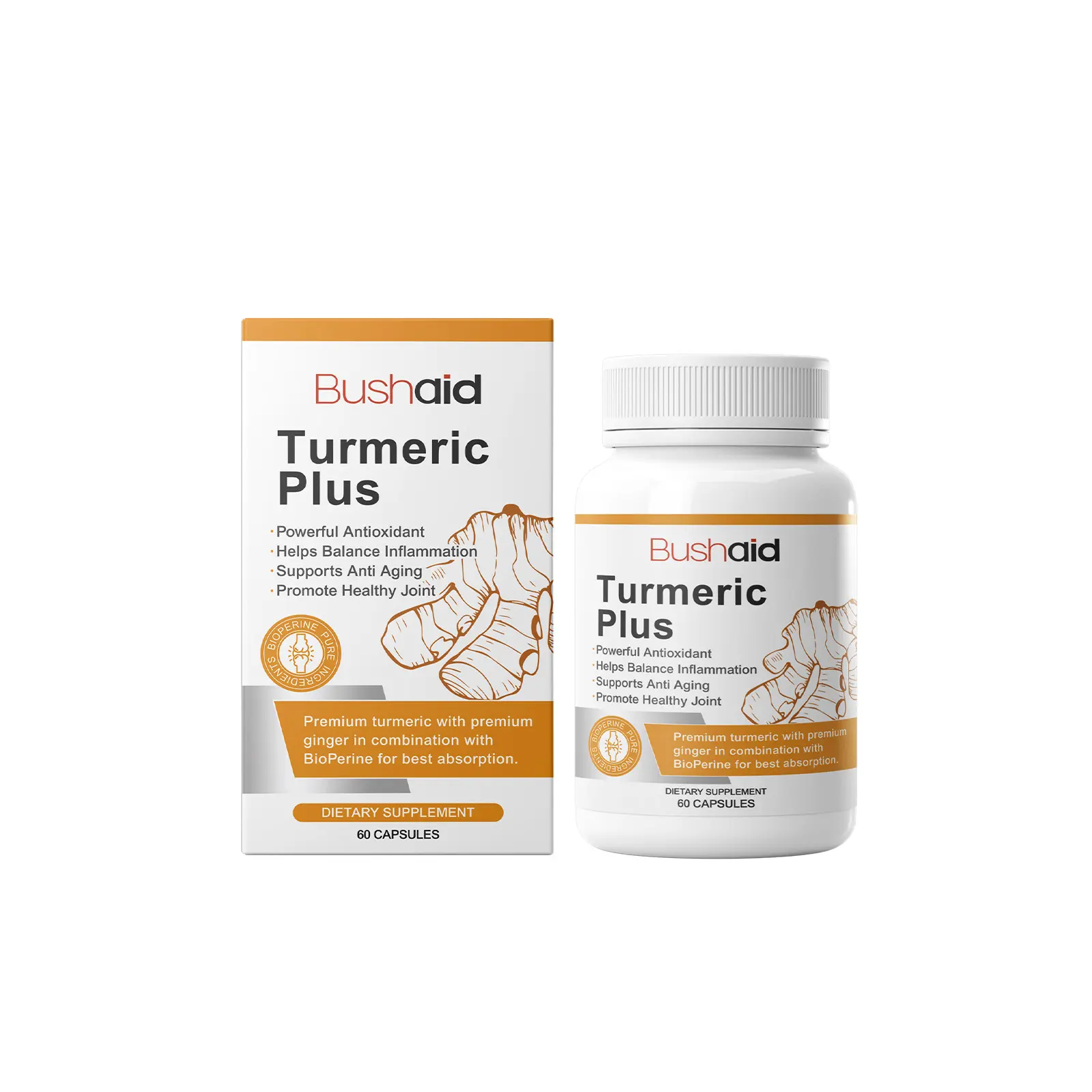 BushAid TurmericPlus Turmeric Vitamin Capsules, Dietary Supplement, Supports Muscle & Bone Health, Helps Maintain Bone Density, Turmeric & Ginger with BioPerine for Absorption, Supports Joint Comfort, 60 Capsules Per Bottle