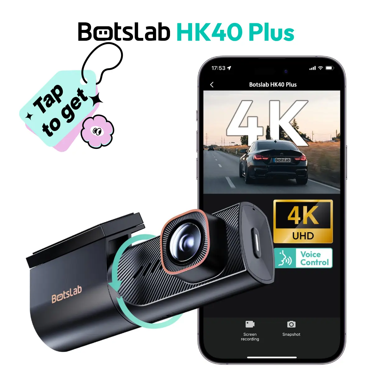Botslab 4K 360° Dash Cam with Night Vision & 24H Parking Monitor, Voice Control, Easy Install Car Security Camera Hd Driving Recorder
