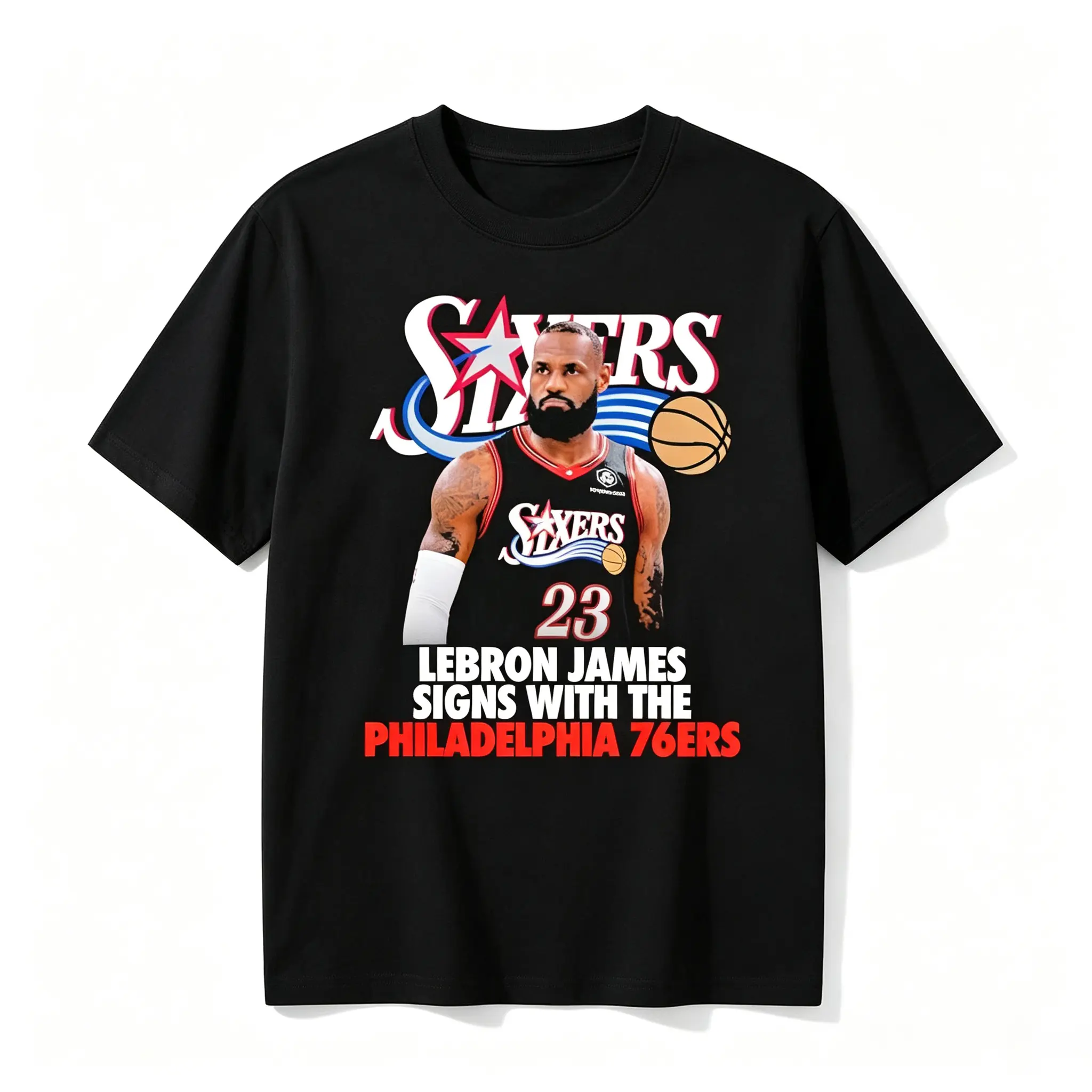 LeBron James 76ers graphic T-shirt, King James basketball-style T-shirt, retro street-style short-sleeve top, vintage sports fan edition top, casual loose unisex T-shirt