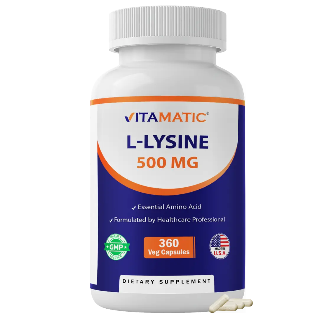 Vitamatic L-Lysine HCl 500 mg Vitamins, 360 Vegetarian Capsules - Essential Amino Acid for Fitness, Non-GMO, Gluten Free, Sugar/Artificial Color Free, Made in USA, Supports Protein Synthesis (All Ages Suitable), Healthcare