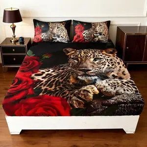 Elegant Rose Leopard Print Bedding Set, High-Quality Combed Cotton Luxury Sheets & Pillowcases, Perfect for Bedroom Decor
