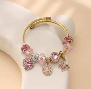 Women's pink Virgin Mary bracelet, Trendy Stuff Adiustable Size Bracelet With Open Cuffs, Butterfly Charm Bracelet,Suitable for Gifts for Family,Best Friends,Birthday,Christmas