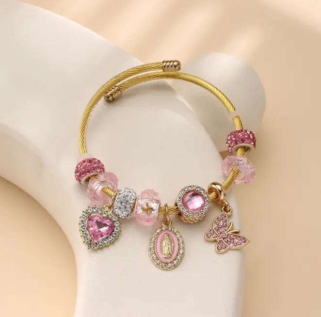 Women's pink Virgin Mary bracelet, Trendy Stuff Adiustable Size Bracelet With Open Cuffs, Butterfly Charm Bracelet,Suitable for Gifts for Family,Best Friends,Birthday,Christmas