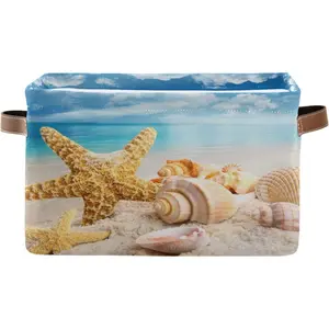 AUUXVA Storage Basket Sea Ocean Beach Starfish Shell Storage Cube Box Durable Canvas Collapsible Toy Basket Organizer Bin with Handles for Shelf Closet Bedroom Home Office OMBRA
