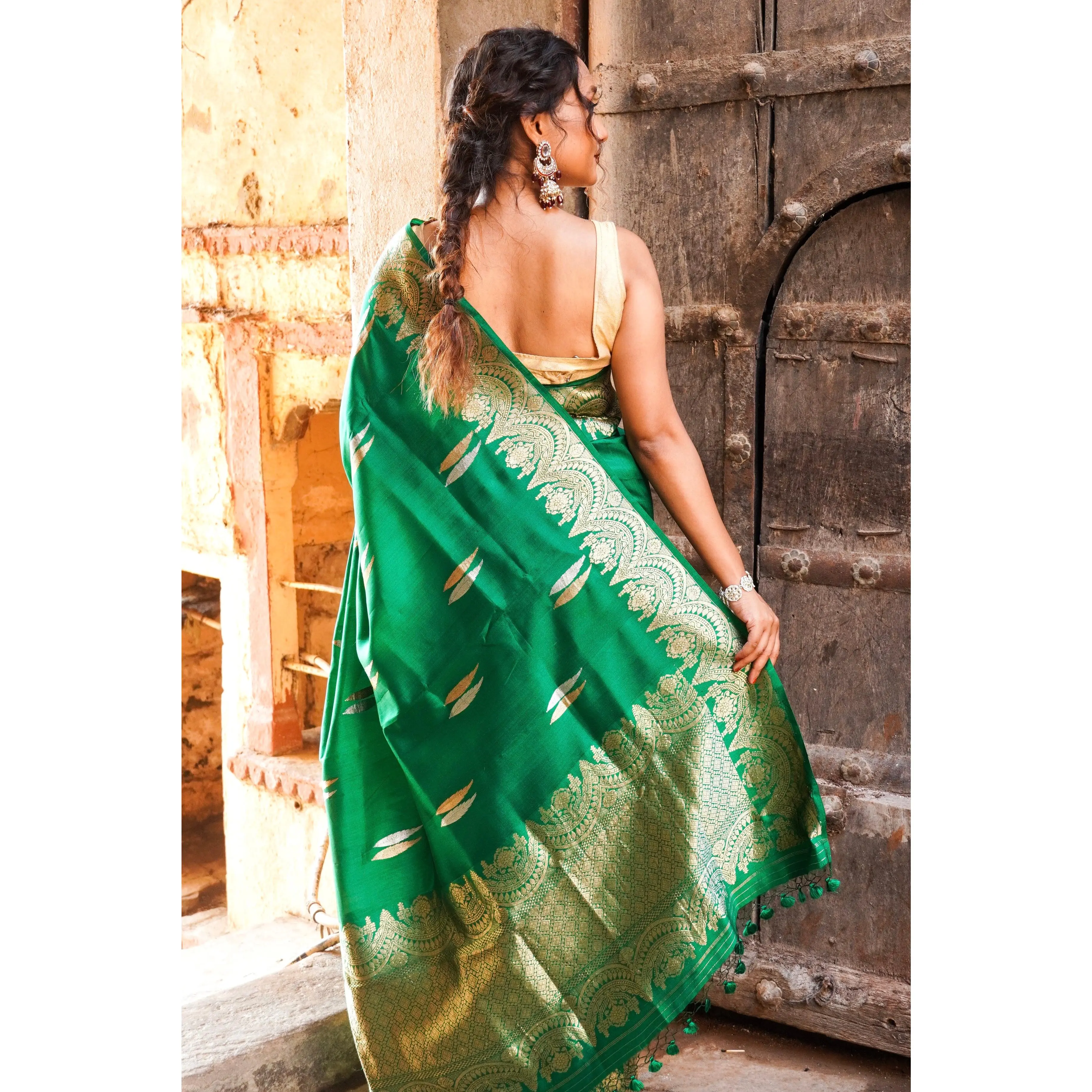 Banarasi  Pure Katan by Mashru Silk Handwoven  Saree - Sona Rupa - Kaduwa Green