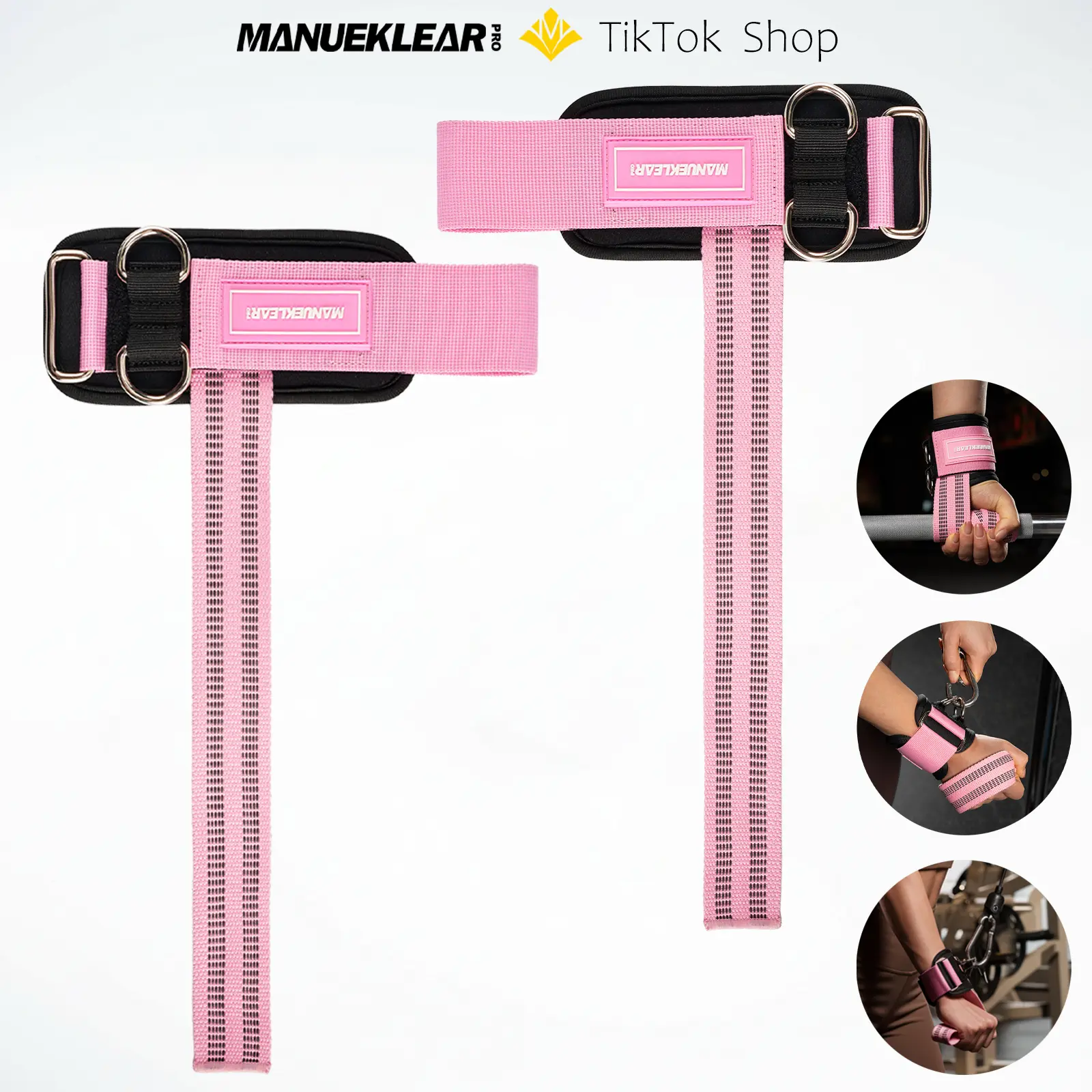 MANUEKLEAR Weightlifting Lifting Straps with D Rings,Bodybuilding Power Lifting Strength Training Gym Deadlifting & Cable Machine Lifting Straps,Pink, 10mm Neoprene Padded Wrist Wraps for Men & Women