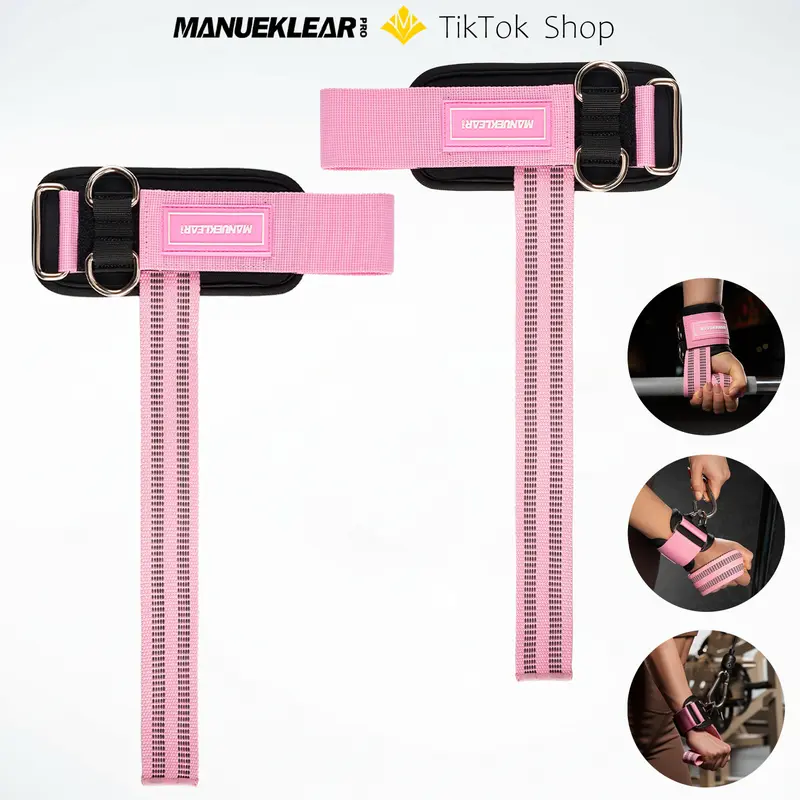 MANUEKLEAR Unisex Design Weightlifting Wrist Straps with D-Rings, 10mm Neoprene Padded Wrist Wraps, Non-Slip Pink Fitness Accessories for Women, Deadlifting & Cable Machine Workouts Compatible with Cable Machines
