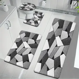 3pcs/4pcs Fashion Simple Gray Geometric Pattern Bathroom Mat Set Non Slip Absorbent Soft Microfiber Bathroom Mats with Toilet Lid Cover & Contour Rug, Machine Washable Bath Rugs for Bathroom Shower Decor