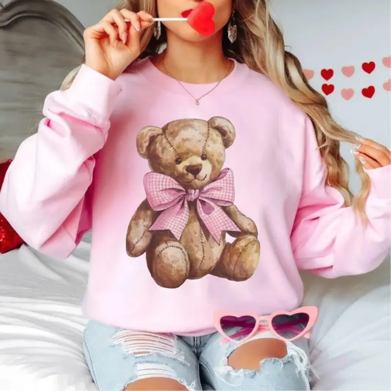 Valentines Day Pink Bow Bear Gildan sweatshirt women