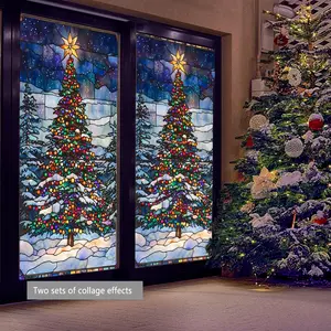 Static Cling Christmas Tree Decoration Sticker, Oil Painting Style Window Film, 45x100cm Holiday Decor for Living Room & Bedroom, Door Decorations