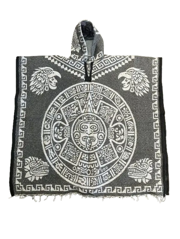 Unisex Double Aztec Calendar Poncho/Gaban with Hoodie / Gorro