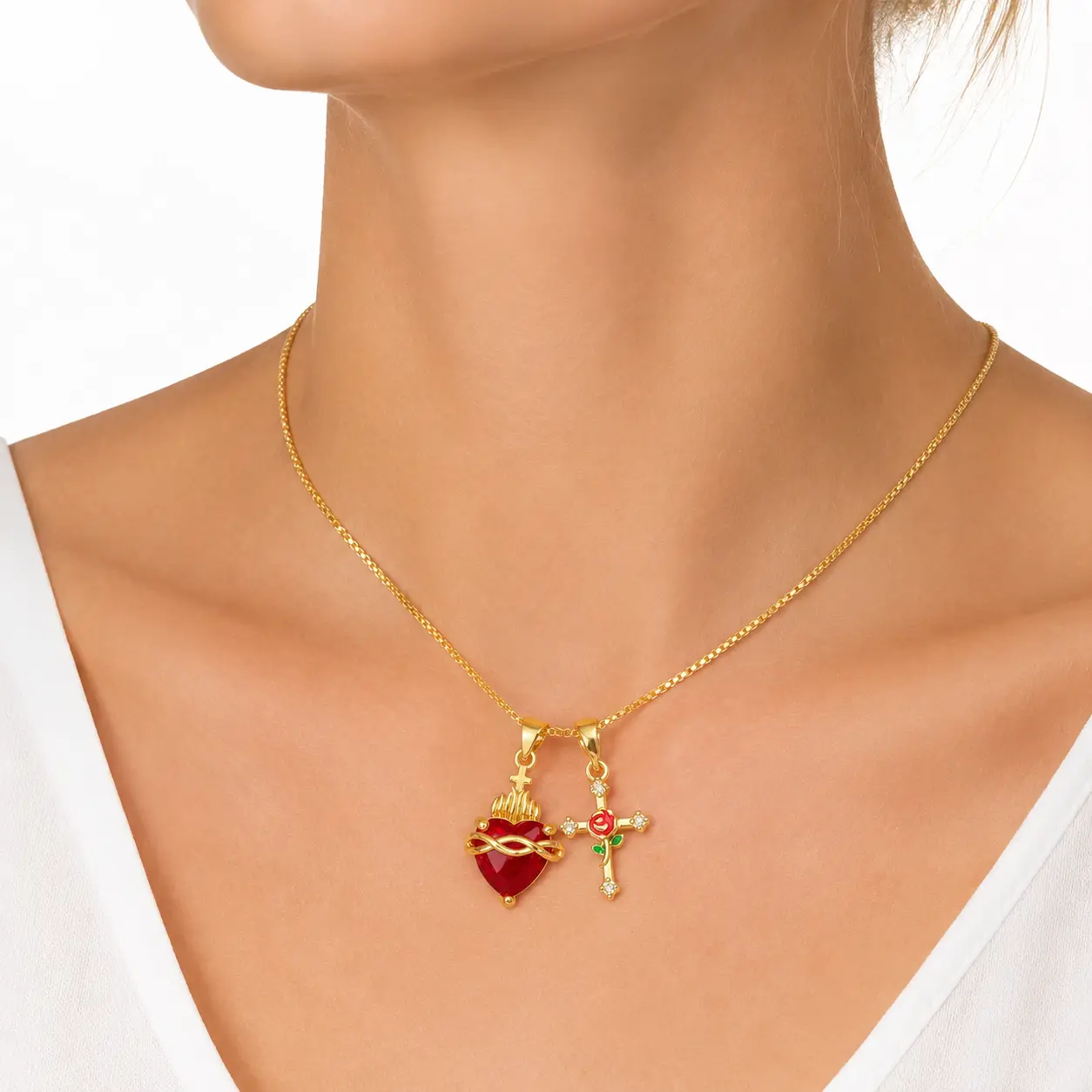 Women's Faith Pendant Necklace - Fashion Multi-Charm Chain with Cross, Heart, Rose, and Zircon Accents