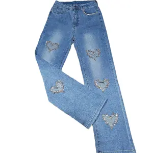 Blue jeans with heart decorasion and smile  Womenswear Stretchy casual Bottom Adjustable