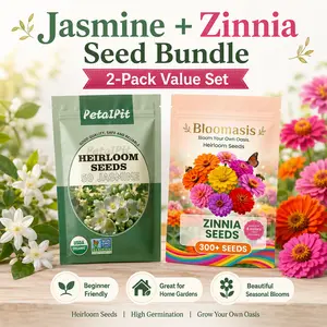 USDA Organic Non-GMO Heirloom Flower Seeds Combo - 50 Double Petal Fragrant Jasmine, 300+ Colorful Zinnia Variety Pack