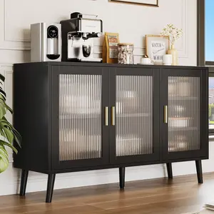 48" Buffet Cabinet with Storage, Large Sideboard Cabinet with 3 Fluted Glass Doors, Modern TV Consoles Stand Cabinet for Kitchen, Dinning Room, Hallway, Living Room