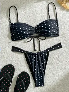 Women's Bikini Set, Adjustable Swimsuit with Drawstring, Sleeveless Design for Perfect Summer Beach Day, Polka Dot Print Fashion Swimwear, Drawstring Swimsuits, Bikinis Set