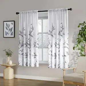 Non-See-Through Light Grey and White  Sheer Curtains 52 X 63 Inch Length 2 Panels, Leaf Floral Printed Light Filtering Semi Sheer Window Curtains Drapes for Bedroom Living Room