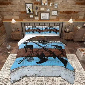 Rustic Farmhouse Comforter Set,Hunt Fish Themed Quilt Set,Cabin Decor,Mallard Deer Animal Hunting Blue Wooden Board Polyester Bedding