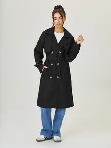 Women's Solid Color Classy Notch Lapel Double Breasted Waist Tie Trench Coat Jackets