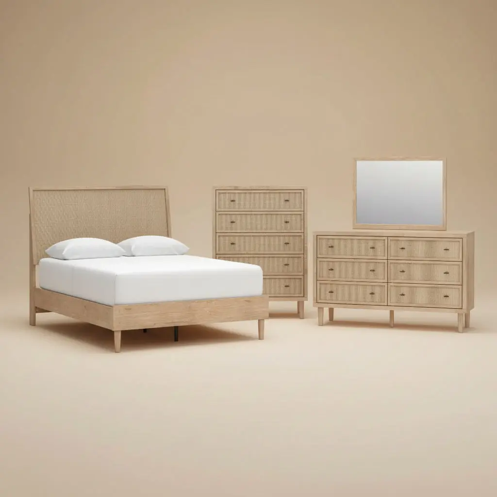 Cielden Queen Panel Bed with Mirrored Dresser and Chest