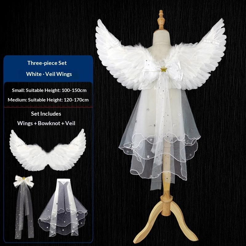 Angel Feather Wings Props for Christmas & Halloween Performance Costume Stage Princess Back Decoration White & Blue Bow