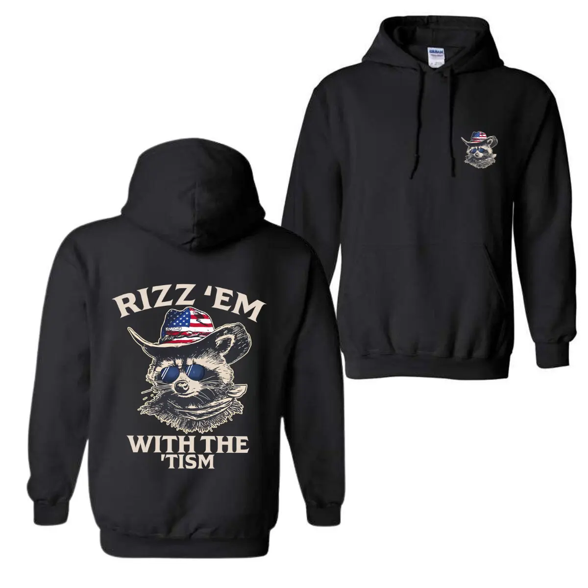Unisex Rizz 'Em With The 'Tism Raccoon Cowboy Hoodie, USA Flag Graphic Hooded Sweatshirt, Vintage Western Meme Streetwear Pullover Hoodie, Funny Viral Internet Meme Design,  Daily Wear For Men Women, Hoodie For Outdoor Hangout, Party & Holiday Gift