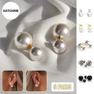 Katch Me Chic Women's Elegant Double-Sided Pearl Earrings, White Vintage Faux Pearl Earrings Set, Fashion Jewelry for Women