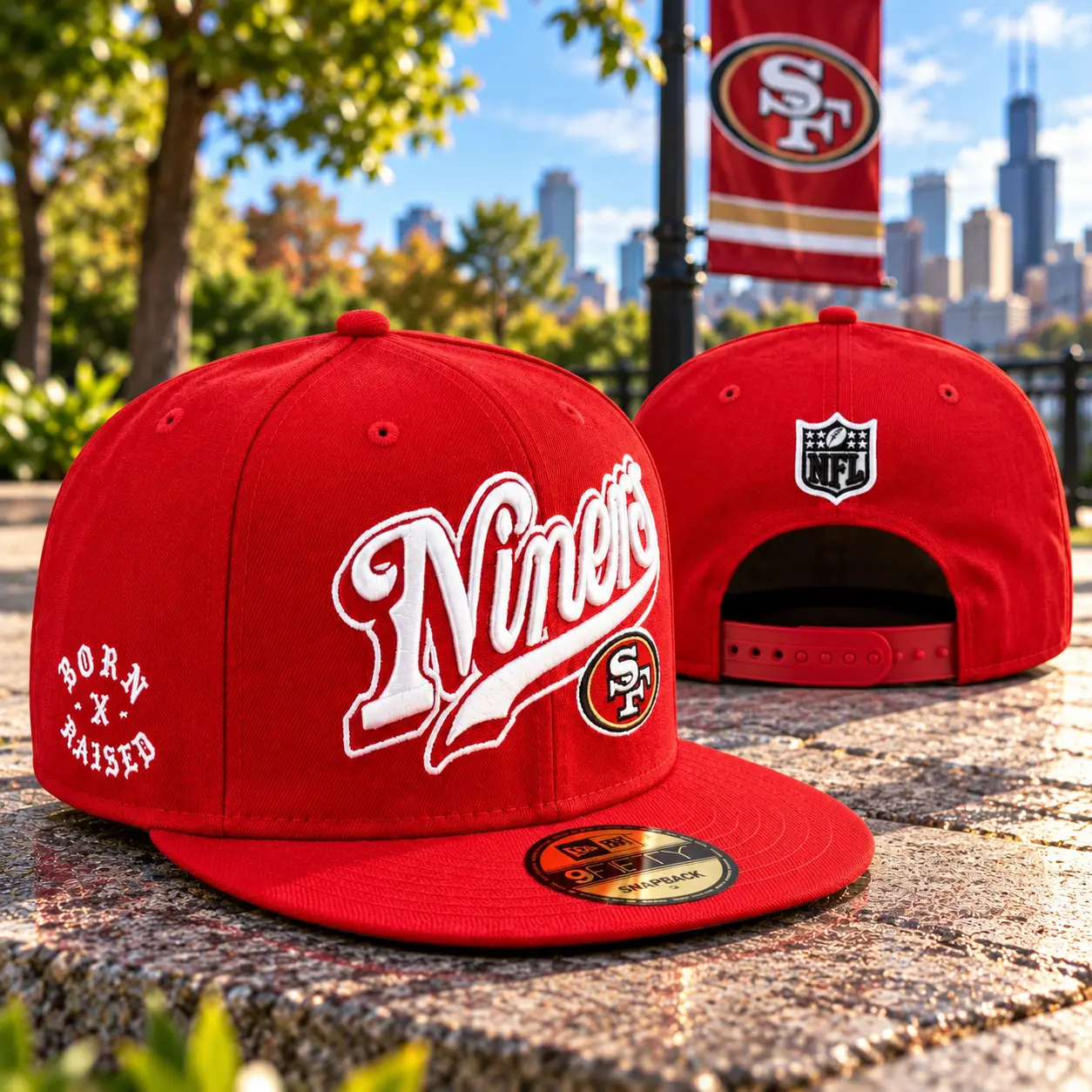 Red Snapback Baseball Cap – White Embroidered Niners Script Logo, Flat Brim Adjustable Hat, Unisex Football Fan Streetwear Cap for Men & Women