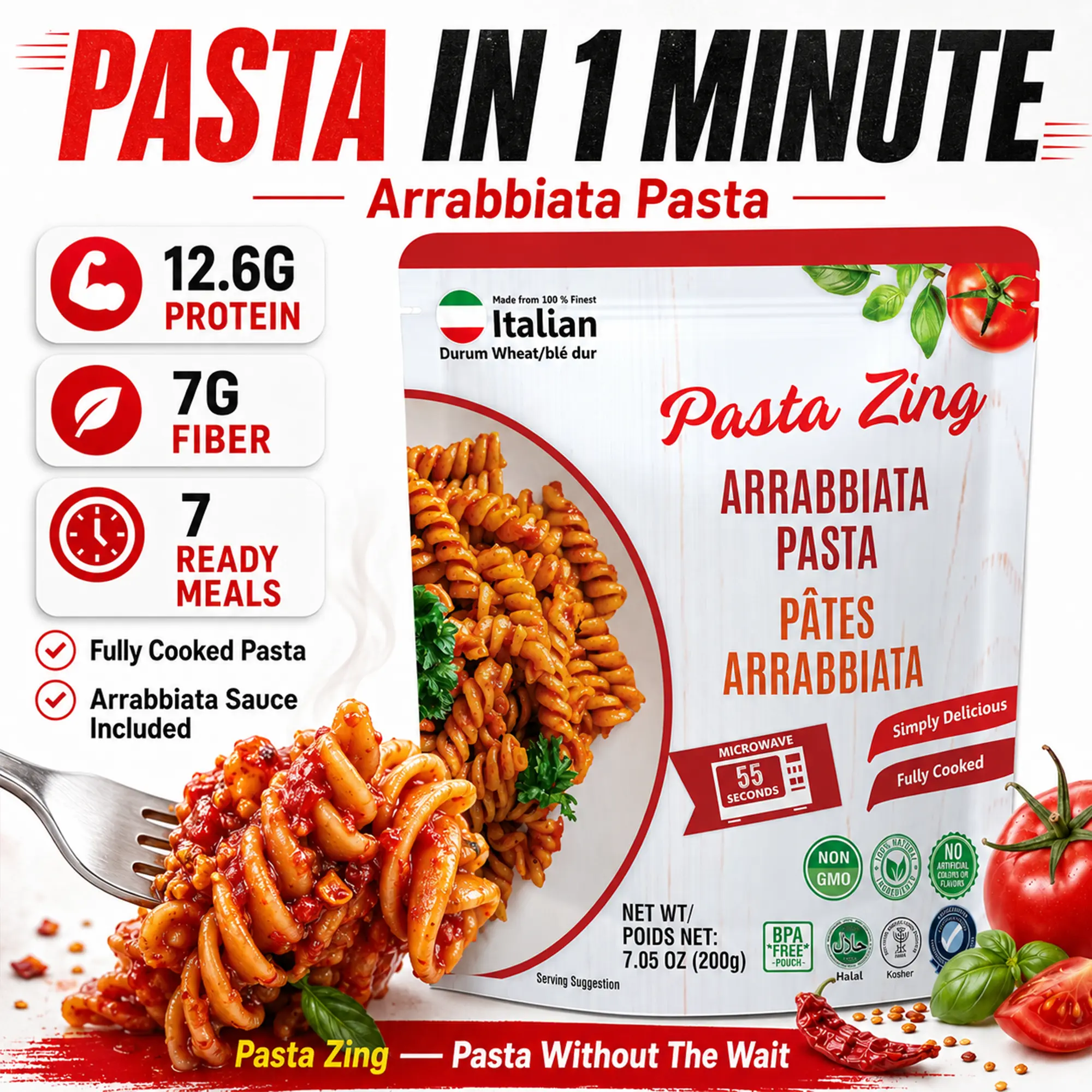 Pasta Zing Arrabbiata Pasta, Spicy Italian Al-Dente Fusilli, Ready in 1 Minute, Made with 100% Durum Wheat, 12.6g Protein 7g Fiber, Clean Label Shelf-Stable, 7.05 oz Pouch, Pack of 7