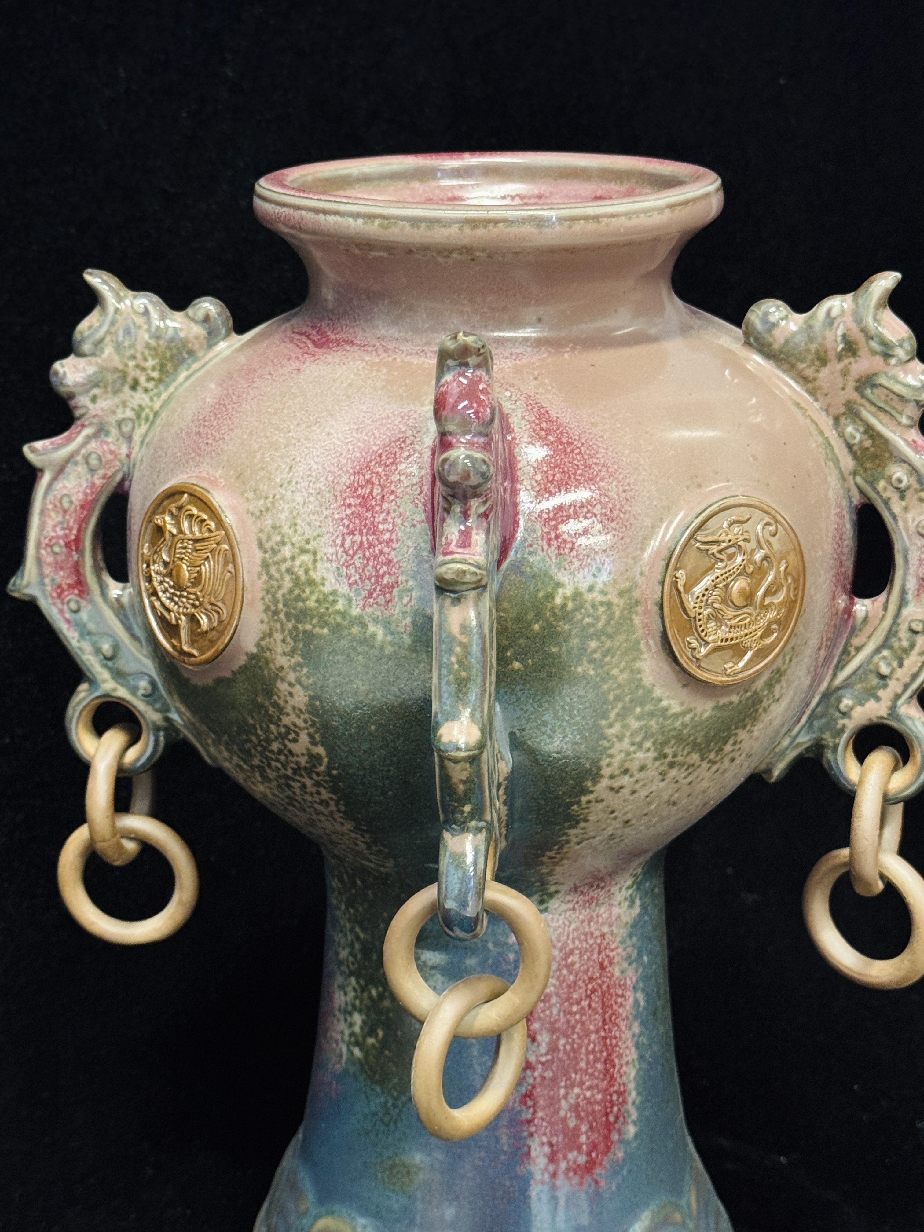 Handmade Chinese Jun Porcelain Vase with Dragon & Phoenix Relief, Vintage Kiln-Fired Glaze Ceramic Vase, Lucky Asian Art Home Decor