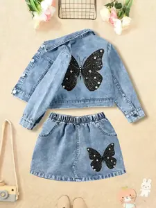 Girls' Butterfly Dream Denim Set, Classic Jacket & Knee-Length Skirt, Elegant Butterfly Embroidery, Perfect Gift for Ages 1-8