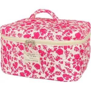Rose Red Large Quilted Floral Makeup Bag Cute Soft Coquette Aesthetic Cosmetic Bag Cotton Travel Toiletry Bag for Women