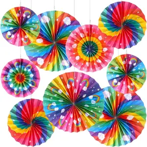9 Pcs Rainbow Party Decorations Paper Fans Boho Classroom Bulletin Board Decor Ceiling Wall Hanging Paper Fans for Rainbow Birthday Shower Party Supplies