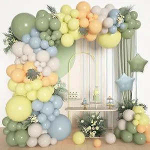 98Pcs Sage Green Dusty Blue Yellow Balloons Garland Arch Kit, Sand White Nude Star Foil Balloon for Birthday Wedding Classic Bear Themed Shower Wild One Party Deocrations Supplies