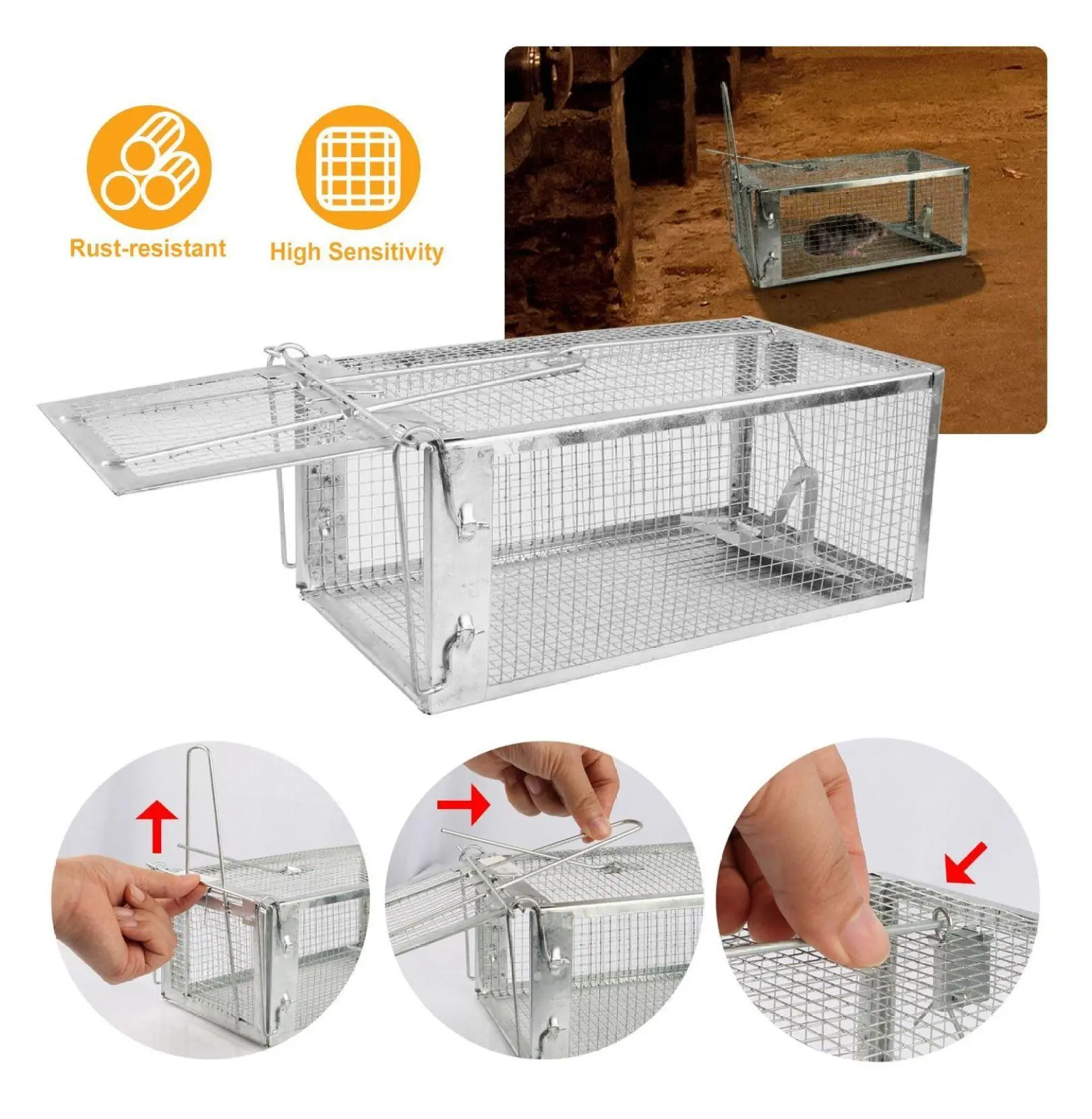Humane Mouse Trap Cage - Live Rodent Trap for Mice, Rats, Voles & Chipmunks - Galvanized Iron Animal Control with U Shaped Rod Silvery