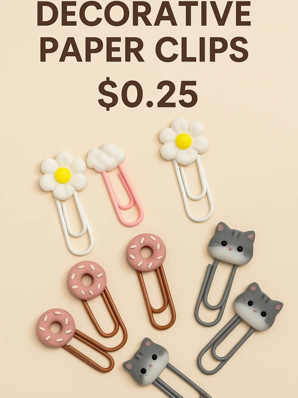 Cute Decorative Paper Clips - Flowers Clouds Donuts Cats & Puppies Adorable Paper Organization Clips for Desk Planner or Small Items - Pack of 8
