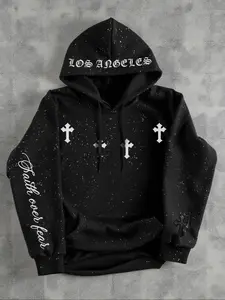 Men's Fleece Hoodie Sweatshirt, Gothic Cross Design with Silver-Colored Sequins, Kangaroo Pocket, Casual Loose Fit for Fall & Winter