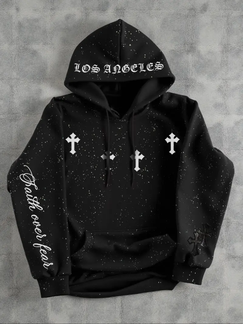 Men's Fleece Hoodie Sweatshirt, Gothic Cross Element, Silver Color Sequins, Kangaroo Pocket, Casual Loose Fit, Fall & Winter