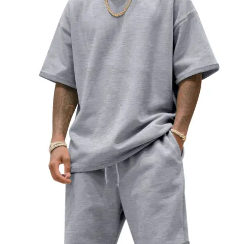 2026 American Men's Summer Casual Clothes Set, Outfit Sets, High-Quality Plain Round Neck Half-Sleeve Knit T-Shirt with Shorts, Classic Oversized Loose Fit, Comfortable Daily Wear