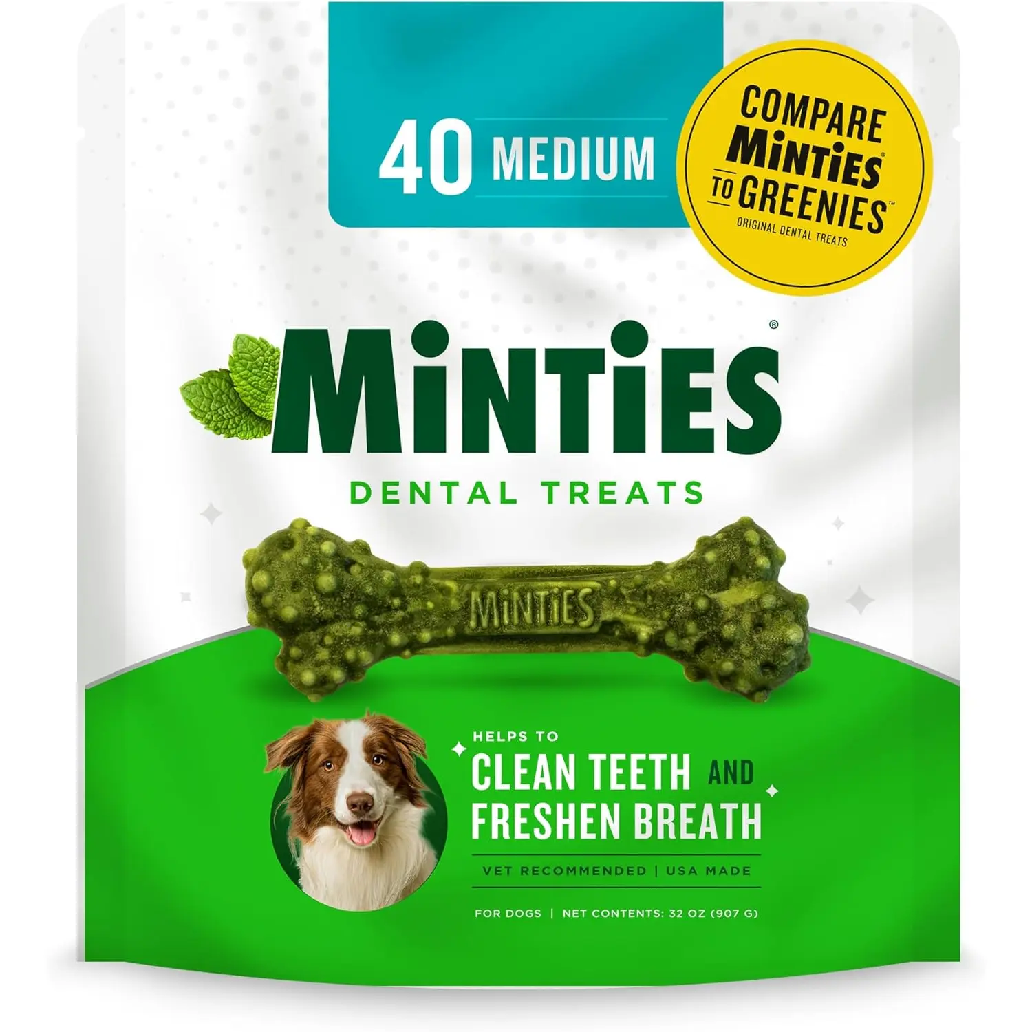 Minties Dental Chews for Dogs, 40 Count, Vet-Recommended Mint-Flavored Dental Treats for Medium Dogs 25-50 lbs, Dental Bones Clean Teeth, Fight Bad Breath, and Removes Plaque and Tartar