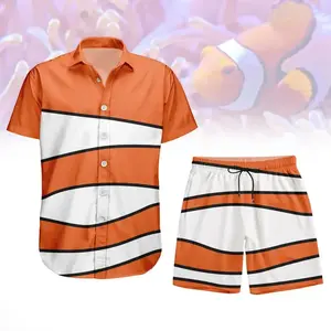 Clownfish Orange White Wave Stripe Hawaiian Shirt Shorts Set Men Women Ocean Sea Fish Costume Cosplay Beach Party Summer Loose Comfy Matching Vacation Outfit