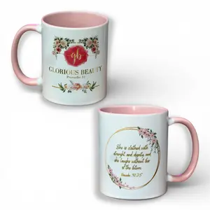 Glorious Beauty Wholesale "Proverbs 31" Mug with Floral Design Pink Handle and Inner Rim Ideal for Daily Use