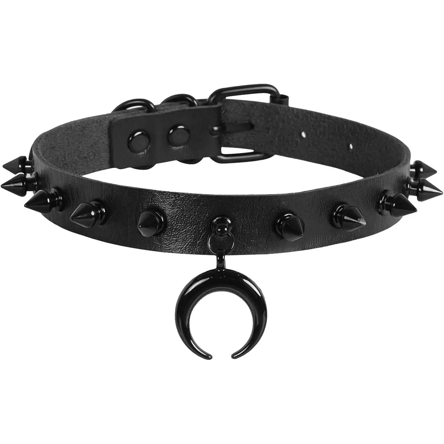 Women's Punk Black Gothic Spiked-Rivet Leather Choker Necklace with Charm Pendant, Gothic Jewelry