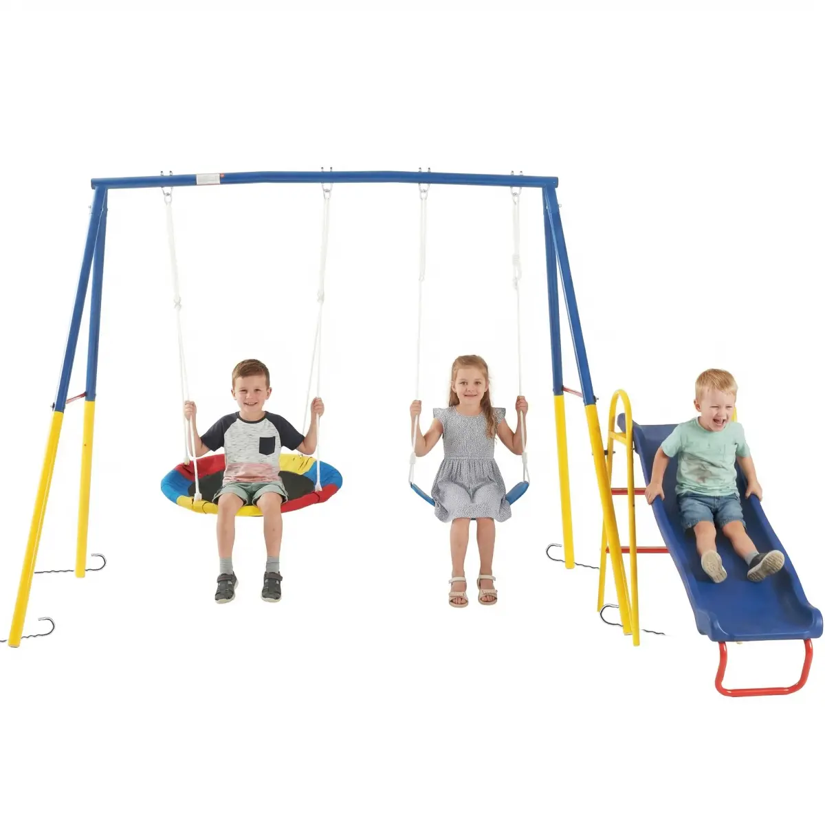 Aobtkel 3 in 1 Kids Swing Set with Slide 32" Saucer Swing 2-Seat + Belt Seat Heavy Duty Steel Frame ASTM F963 CPSC Certified Outdoor Playset Playground Equipment for Backyard Garden Patio Toddlers Children Age 3+ Blue Easy Assembly Summervibe Gift Columpi