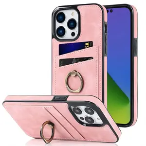 Leather Phone Case with Ring Buckle and Card Holder, compatible with iPhone 16 Pro Max, 15 Plus, 14, 13 Mini, 12 and 11. It features card slot wallet design, shockproof protection, durable and stylish appearance.