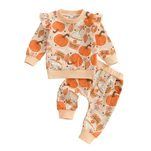 FOCUSNORM Baby Girl Halloween Outfit Long Sleeve Pumpkin Floral Sweatshirt Pants Set Newborn Infant Baby Fall Clothes